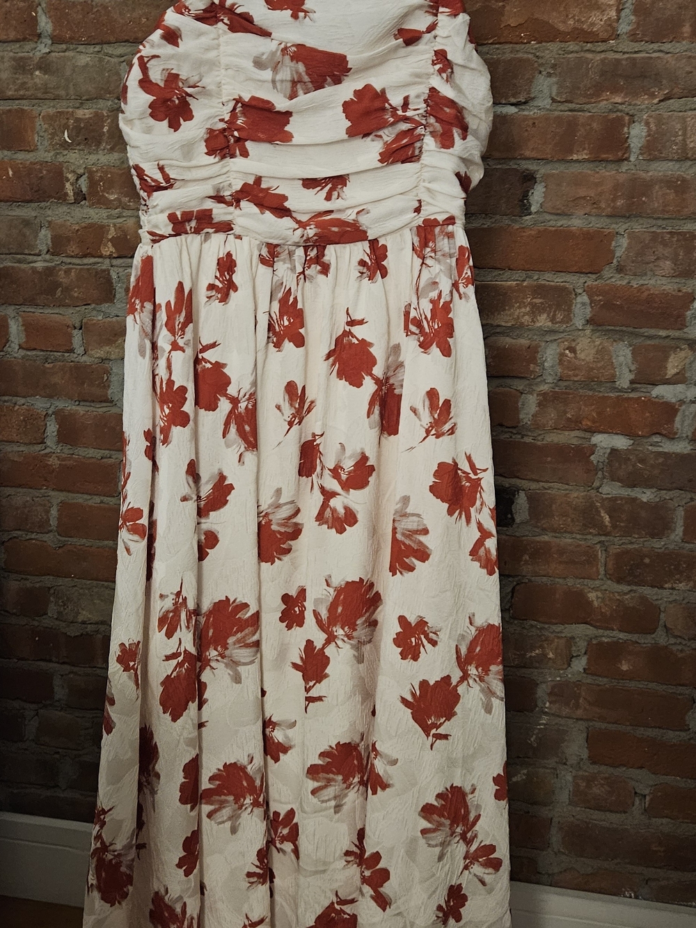 Strapless White Maxi Dress with Red Floral Print